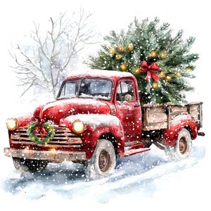 11 Lieferwagen mit Weihnachtsbaum Clipart, druckbare Aquarell Clipart, hochwertige PNG, digitaler Download, Papiermodell, Junk Journal