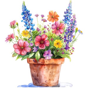 11 Imágenes prediseñadas en maceta de flores silvestres, Flores silvestres en maceta, Imágenes prediseñadas de acuarela imprimibles, JPG de alta calidad, Descarga digital, Artesanía de papel, diario