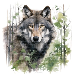 Wolf in Forest Clipart, Printable Watercolor clipart, 10 High Quality PNG/JPGs, Digital download, High resolution, Paper crafts, journals