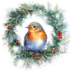 11 Rotkehlchen Weihnachten Clipart, Weihnachtskranz, druckbare Aquarell Clipart, hochwertige JPGs, digitaler Download, Papiermodell, Junk Journals