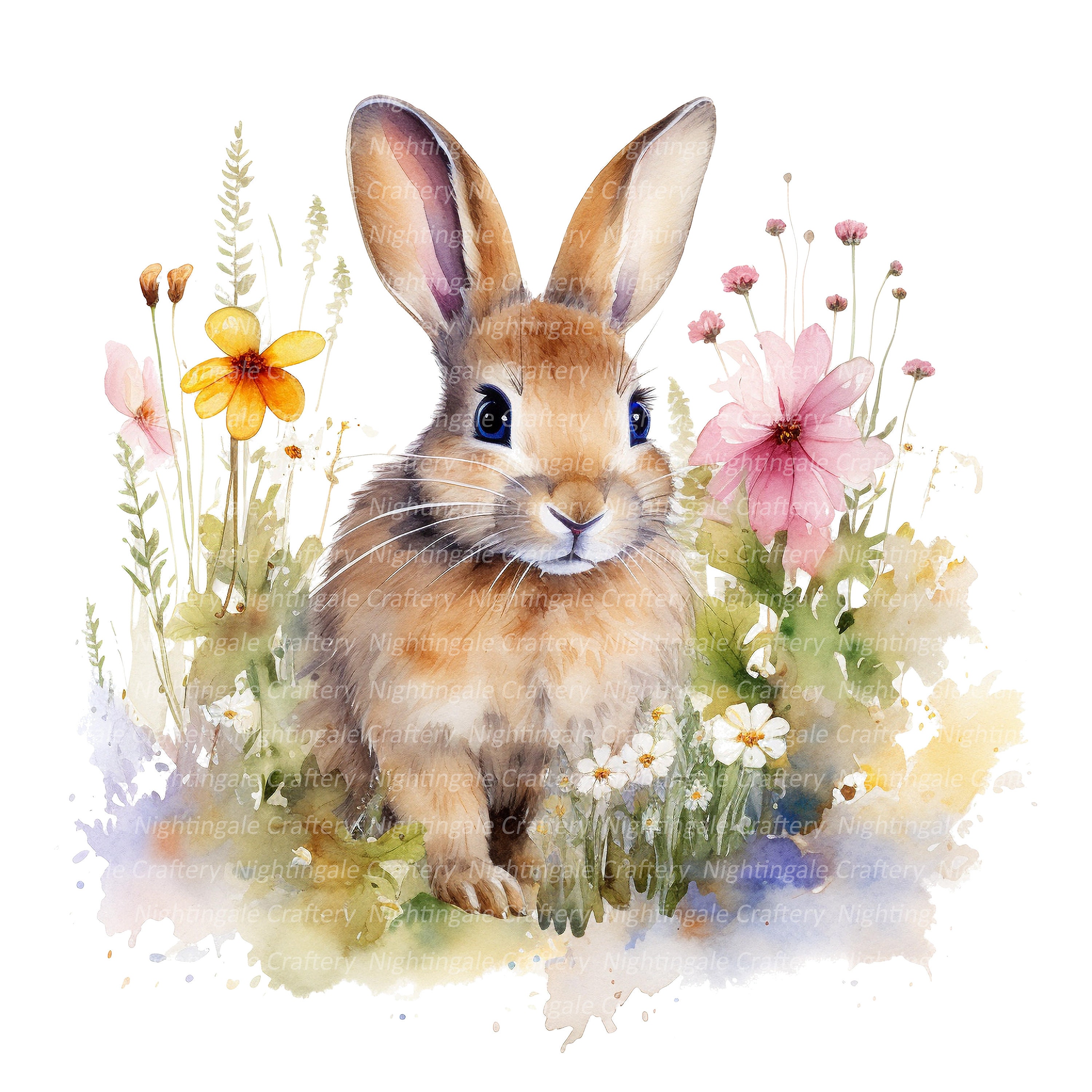 Cute Floral Bunny Clipart, Printable Watercolor Clipart, 12 High ...