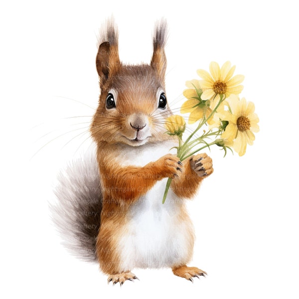 10 Eichhörnchen mit Blumen Clipart, süßes Eichhörnchen, druckbare Aquarell Clipart, hochwertige JPG, digitaler Download, Papiermodell, Junk Journal