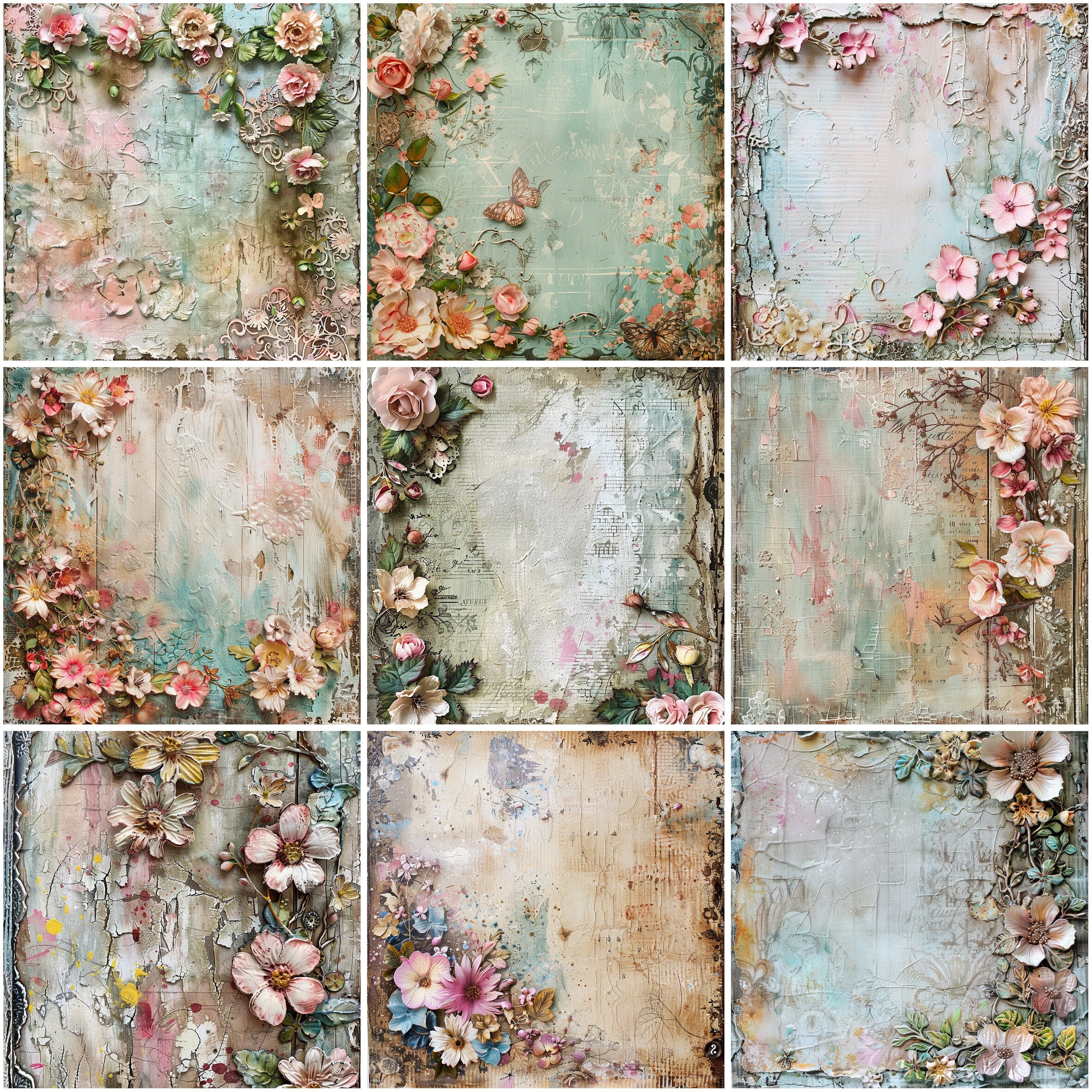 18 Vintage Floral Background Papers, 12 X 12 Digital Paper