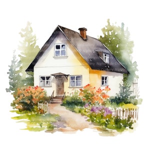 Cottage peintures Clipart, clipart aquarelle imprimable, 12 fichiers JPG de haute qualité, téléchargement numérique, haute résolution, créations en papier, journaux indésirables