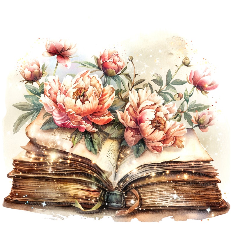 May include: An open antique book with pages filled with text and a bouquet of pink peonies on top. The book is surrounded by a soft, watercolor background with a golden glow.