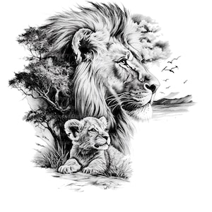 10 imágenes prediseñadas de león y cachorro, león para guardería, dibujo a lápiz imprimible, archivos JPG de alta calidad, descarga digital, manualidades de papel, arte mural de león