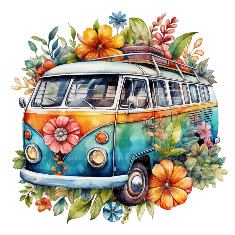10 Floral Hippie Bus Clipart, Hippie Van, Printable Watercolor clipart, High Quality JPGs, Digital download, High Resolution, Paper craft image 1
