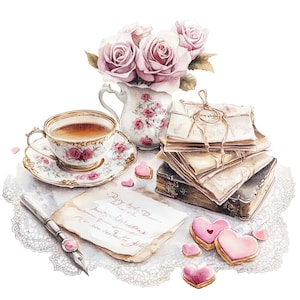 14 Clipart di San Valentino, Clipart di festa del tè romantica, Clipart di acquerello stampabile, JPG di alta qualità, Download digitale, Carta artigianale, diario