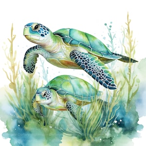 May include: Watercolor illustration of two sea turtles swimming in an aquatic environment. The turtles have green and blue shells, with detailed patterns. The background features aquatic plants and a watercolor wash of blues and greens.