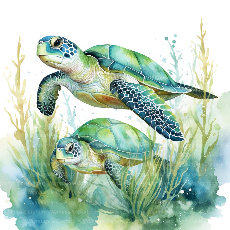 May include: Watercolor illustration of two sea turtles swimming in an aquatic environment. The turtles have green and blue shells, with detailed patterns. The background features aquatic plants and a watercolor wash of blues and greens.