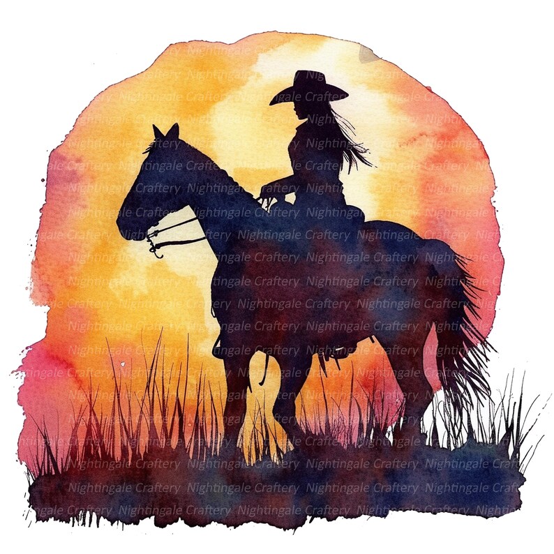 May include: Silhouette of a person riding a horse against a watercolor sunset background. The sunset is painted in shades of orange, yellow, pink, and purple. The horse and rider are black.
