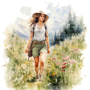 14 Woman Hiking Clipart, Mountain Hiking, Printable Watercolor Clipart ...