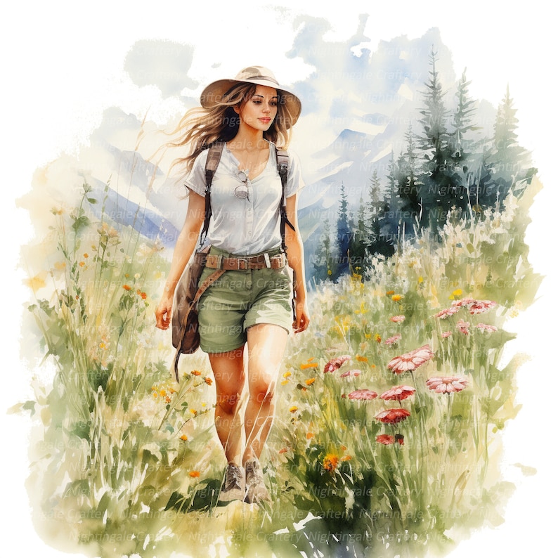 May include: A woman wearing a white shirt, green shorts, and a brown hat walks through a field of wildflowers. The mountains are in the background.