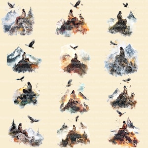 K&ouml;nnte beinhalten: Ein sich wiederholendes Muster von Illustrationen im Aquarellstil. Jedes Bild zeigt eine Person in indianischer Kleidung, die auf einem Berg sitzt, mit Adlern, die dar&uuml;ber fliegen. W&ouml;lfe und Berge sind ebenfalls vorhanden.