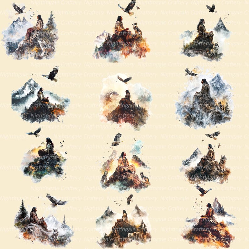 K&ouml;nnte beinhalten: Ein sich wiederholendes Muster von Illustrationen im Aquarellstil. Jedes Bild zeigt eine Person in indianischer Kleidung, die auf einem Berg sitzt, mit Adlern, die dar&uuml;ber fliegen. W&ouml;lfe und Berge sind ebenfalls vorhanden.