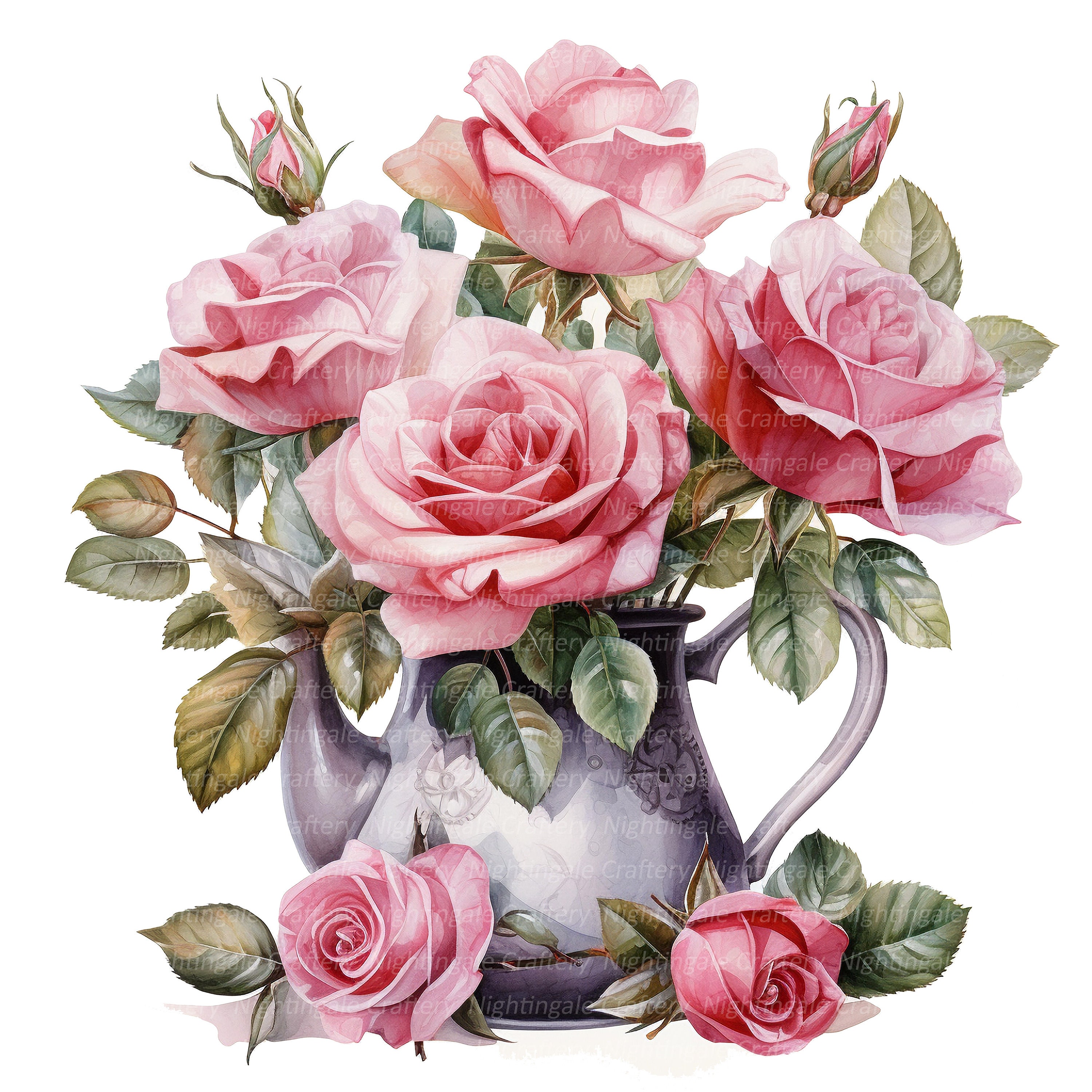 10 Pink Roses in Pot Clipart, Roses Bouquet, Printable Watercolor ...