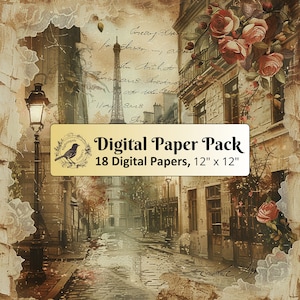 18 Sfondo vintage Paris Street, pacchetto di carta digitale 12 x 12, carta per diario spazzatura, carta per album, carta stampabile, JPG di alta qualità