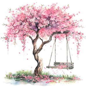 Op de afbeelding: Waterverfschilderij van een kersenbloesemboom in volle bloei. De boom heeft een bruine stam en takken, met een houten schommel die aan een van de takken hangt. Roze bloesems en bloemblaadjes bedekken de boom en de grond, met groen gras aan de basis.