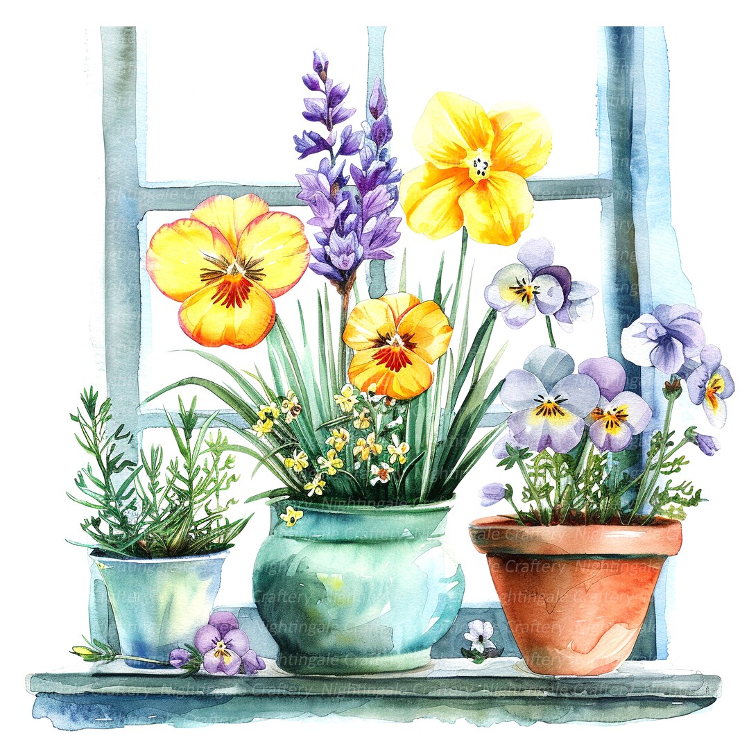 13 Spring Flowers Windows Clipart, Flowerpots, Printable Watercolor ...