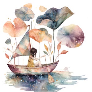 10 Clipart di barche di donne astratte, arte murale di barche floreali, clipart di acquerelli stampabili, JPG di alta qualità, download digitale, artigianato di carta, diario