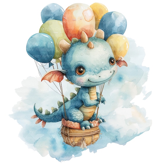 10 Dragon Hot Air Balloon Clipart, Birthday Card, Printable
