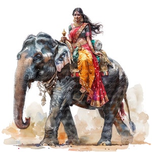 10 Clipart donna su elefante, elefante indiano, donna indiana, clipart acquerello stampabile, JPG di alta qualità, download digitale, artigianato di carta