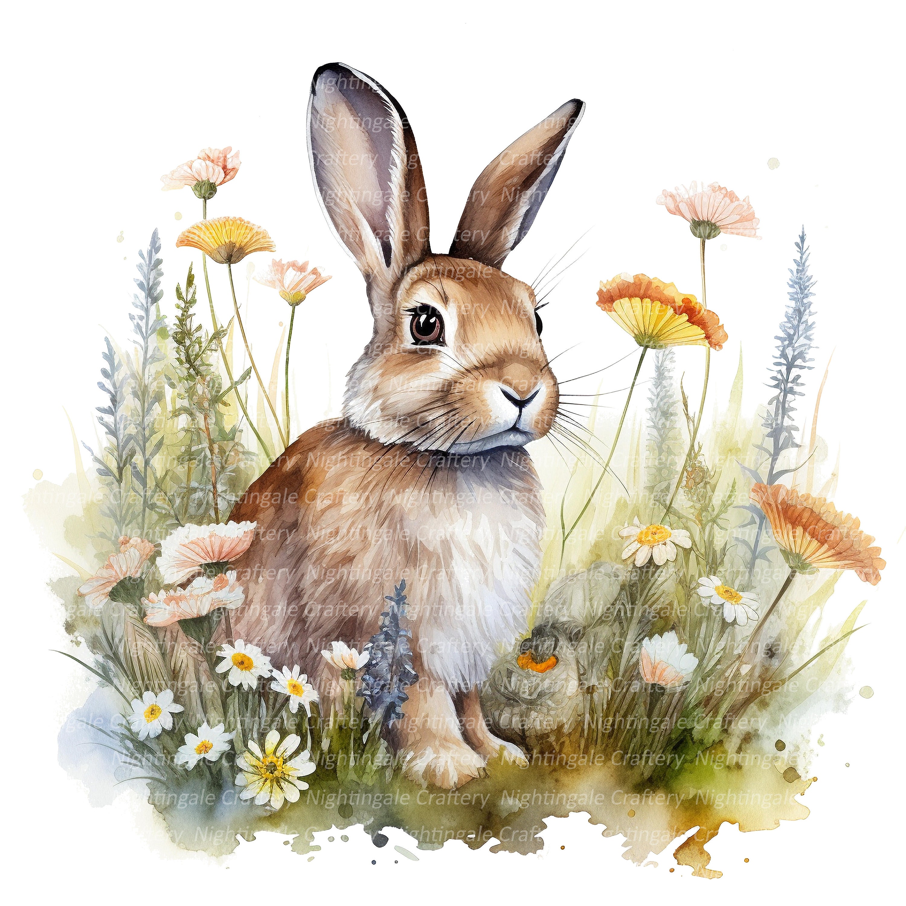 Cute Floral Bunny Clipart, Printable Watercolor Clipart, 12 High ...
