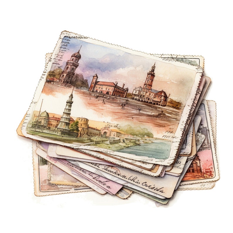 10 Stack of Postcards Clipart, Vintage Postcard, Printable Watercolor ...