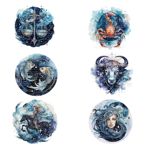 12 cliparts du zodiaque, signes de l'horoscope, étoile céleste, clipart aquarelle, JPG de haute qualité, téléchargement numérique, créations en papier, journal indésirable