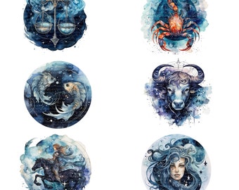 12 Zodiac Bundle Clipart, Horoscope Signs, Celestial Star, Watercolor clipart, High Quality JPG, Digital download, Paper craft, junk journal
