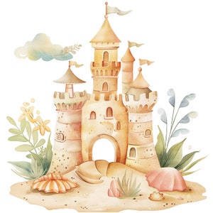 14 Beach Sandcastle Clipart, Zamek z kreskówek, Wydrukowalne cliparty akwarelowe, Wysokiej jakości pliki JPG, Pobieranie cyfrowe, Rękodzieło papierowe, Dzienniki śmieci
