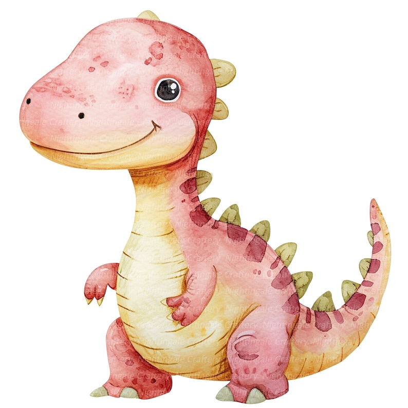 Pu&ograve; includere: Illustrazione ad acquerello di un dinosauro rosa sorridente, con pancia gialla e spine verdi. Il dinosauro ha un'espressione amichevole su sfondo bianco. Un design stravagante.
