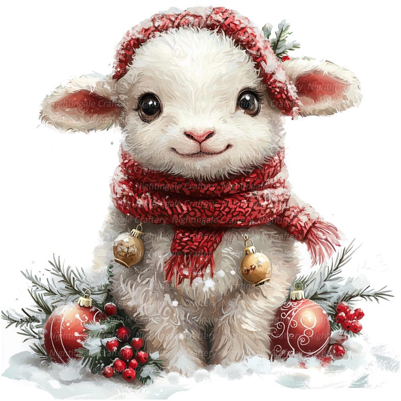 May include: A cute lamb illustration wearing a red and white knit hat and scarf. The lamb is surrounded by Christmas ornaments, pine branches, and red berries, creating a festive holiday scene. The lamb has large, expressive eyes and a gentle smile.