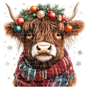 May include: A brown and white Highland cow wearing a red and green plaid scarf and a wreath of pine branches and red and gold ornaments.
