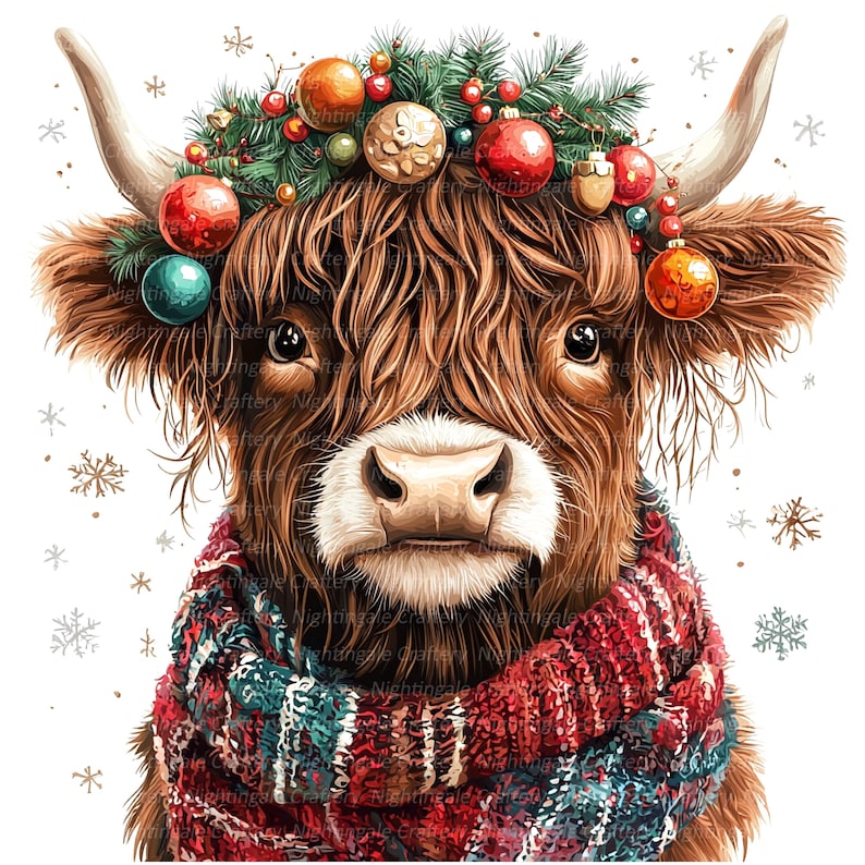 May include: A brown and white Highland cow wearing a red and green plaid scarf and a wreath of pine branches and red and gold ornaments.