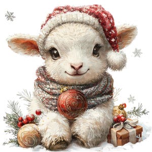 May include: A charming illustration of a lamb wearing a red and white knit hat and scarf, holding a red Christmas ornament. The lamb is surrounded by festive decorations, including a gift box, golden ornaments, and sprigs of greenery, evoking a cozy winter scene.