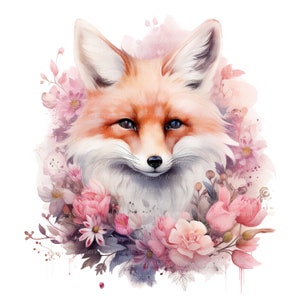May include: A digital painting of a red fox with a soft, fluffy tail. The fox is surrounded by a wreath of pink and white flowers. The background is a watercolor wash of pink and purple.