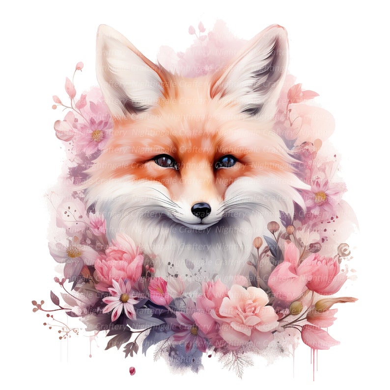 May include: A digital painting of a red fox with a soft, fluffy tail. The fox is surrounded by a wreath of pink and white flowers. The background is a watercolor wash of pink and purple.