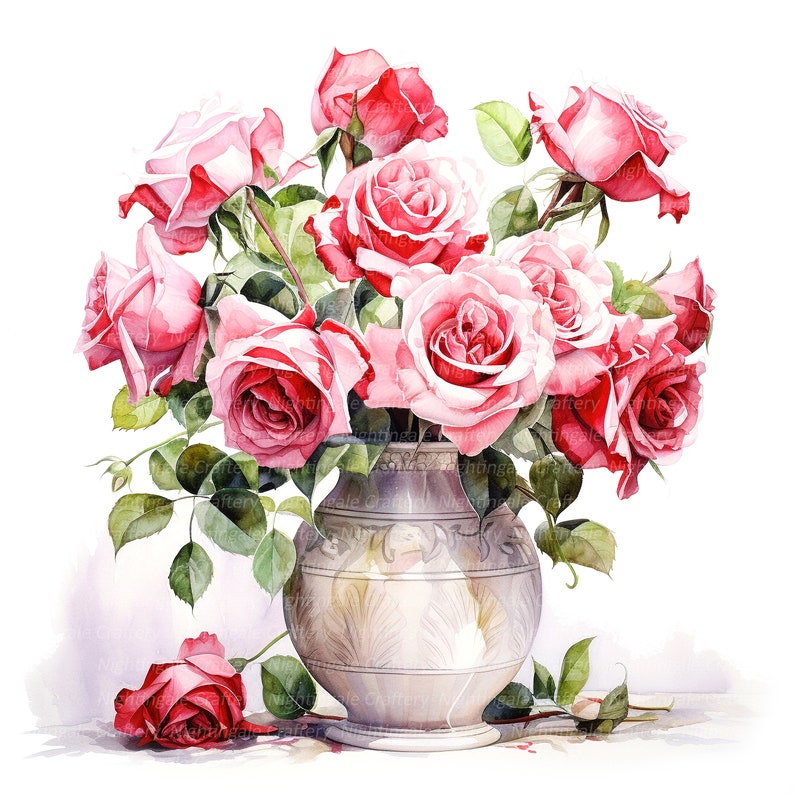 10 Roses in Vase Clipart, Pink Roses, Printable Watercolor Clipart ...