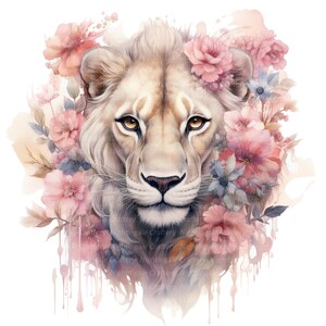 May include: A white lion with a soft, gentle expression, surrounded by delicate pink and blue watercolor flowers. The lion's eyes are a warm amber color, and the flowers are arranged in a loose, flowing pattern.