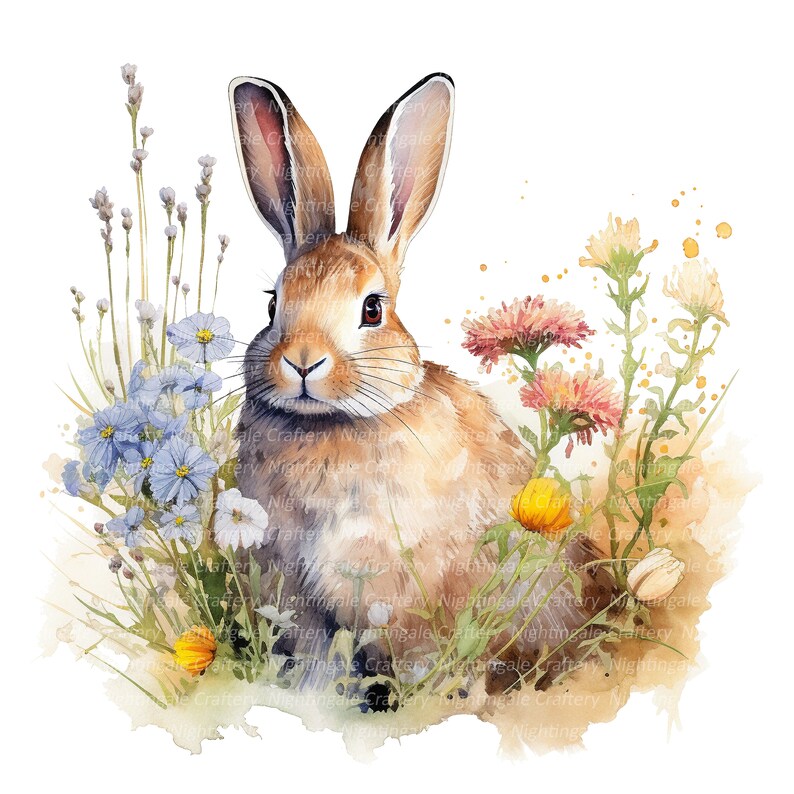 Cute Floral Bunny Clipart, Printable Watercolor Clipart, 12 High ...