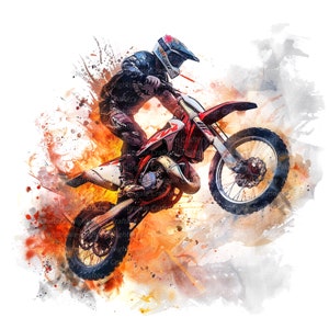 May include: A red and white dirt bike with a rider in a blue and black racing suit. The bike is in mid-air, with the front wheel off the ground. The background is a watercolor-style painting of orange and yellow.
