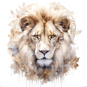 May include: A watercolor painting of a lion's face with a golden mane. The lion is surrounded by a floral design with leaves and vines. The background is white.
