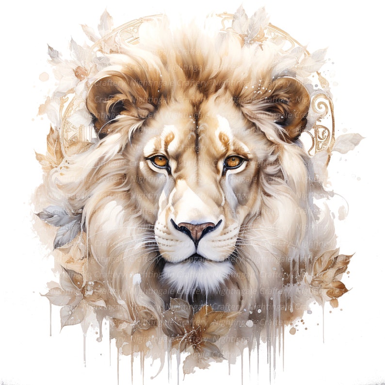 May include: A watercolor painting of a lion's face with a golden mane. The lion is surrounded by a floral design with leaves and vines. The background is white.