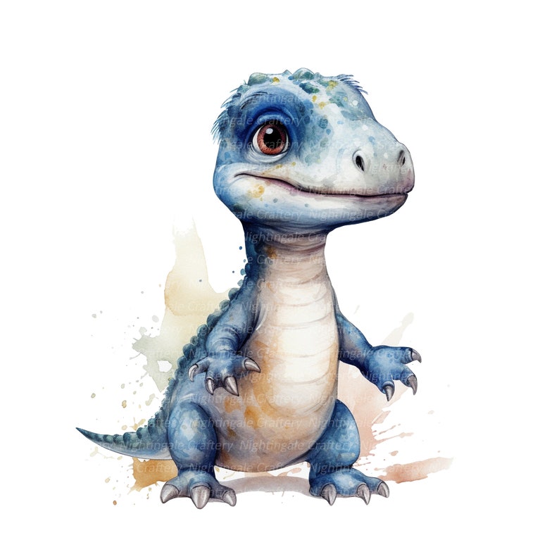 K&ouml;nnte beinhalten: Ein Aquarellbild eines blauen Baby-Dinosauriers mit freundlichem Gesichtsausdruck. Der Dinosaurier steht auf einem hellbraunen Hintergrund mit Aquarellspritzer.