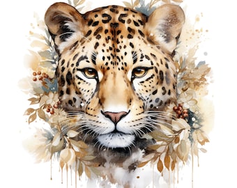 10 Leopard Clipart, Golden theme, Printable Watercolor clipart, High Quality JPGs, Digital download, High resolution, Paper crafts