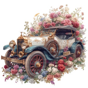 12 Victorian Car Clipart, Floral Car, Vintage, Printable Watercolor clipart, High Quality JPGs, Digital download, Paper craft, junk journal
