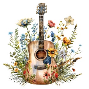 10 wilde bloemen en gitaar clipart, bloemen gitaar, afdrukbare aquarel clipart, hoge kwaliteit jpg's, digitale download, papercraft, journaling