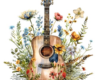 May include: A watercolour illustration of an acoustic guitar, with a light brown wooden body and a dark brown neck, surrounded by wildflowers. The flowers are in shades of yellow, blue, red, and white, creating a vibrant, natural scene.
