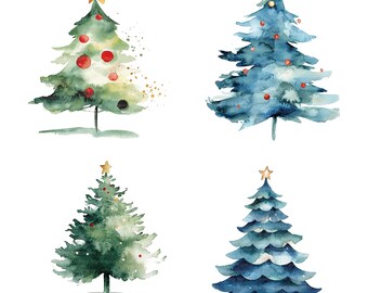 16 Minimalistic Christmas Tree Clipart, Printable Watercolor clipart, High Quality PNG/JPGs, Digital download, Paper craft, junk journals